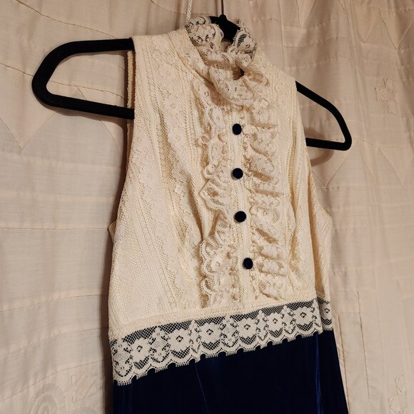 🕯️ Vtg 60s Blue Velvet Lace 2pc Gown & Jacket Set 10 🕯️ - Picture 5 of 11